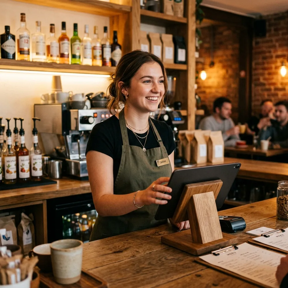 Barista che usa Quenta su tablet al banco